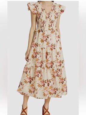 SEA New York Esme Floral Smocked Tiered Flutter-Sleeve Midi Dress size 2